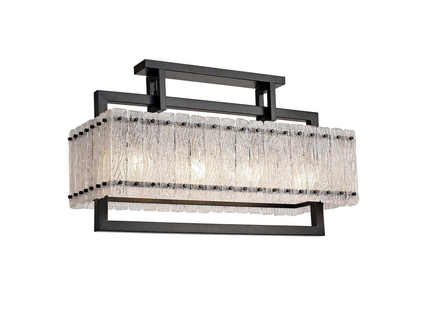 Mobberley Medium Linear Pendant, 8 Light E27, Matt Black and Crystal Sand Glass