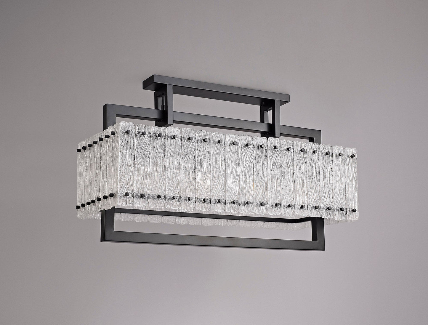 Mobberley Medium Linear Pendant, 8 Light E27, Matt Black and Crystal Sand Glass
