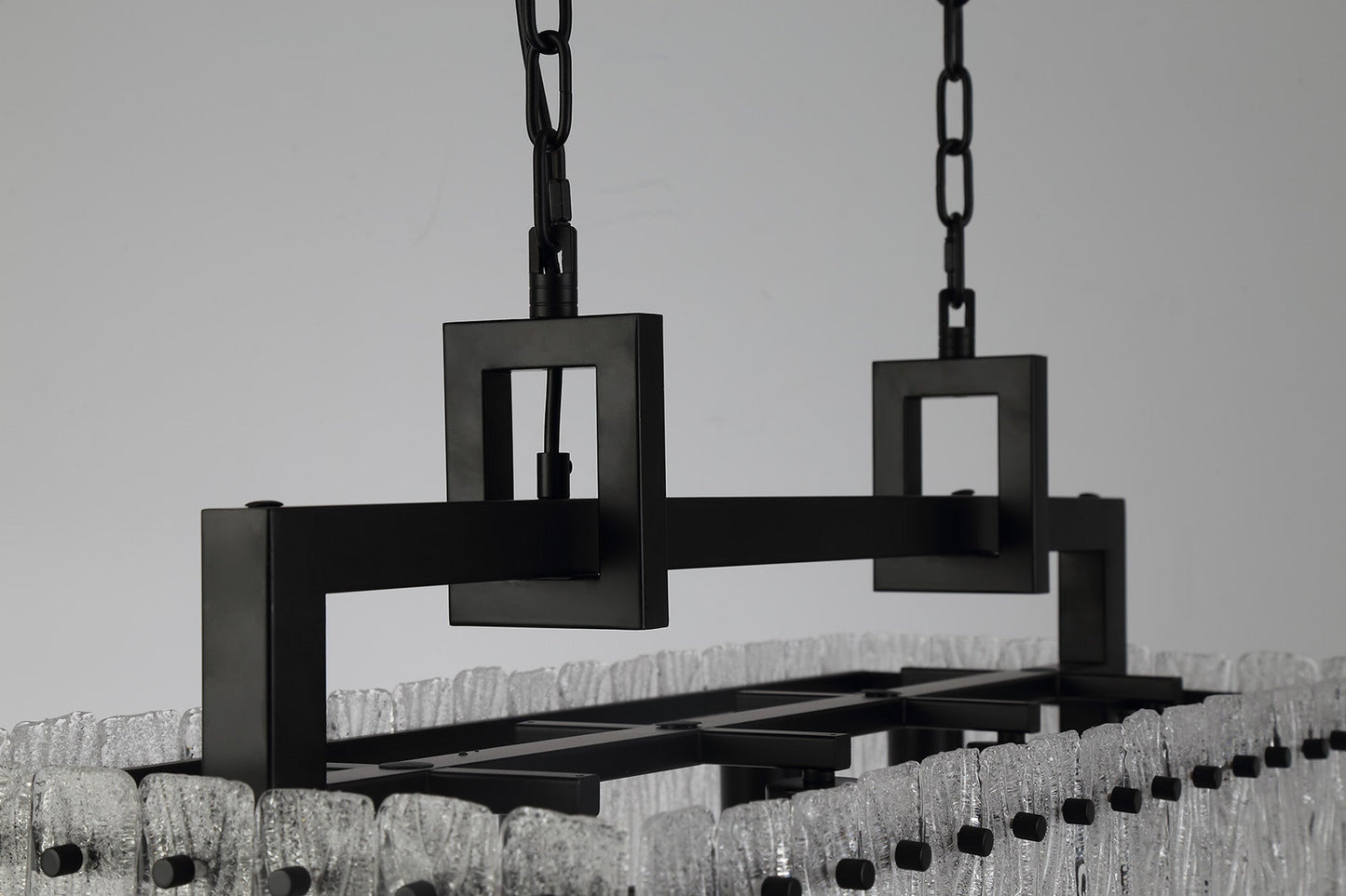 Mobberley Medium Linear Pendant, 8 Light E27, Matt Black and Crystal Sand Glass