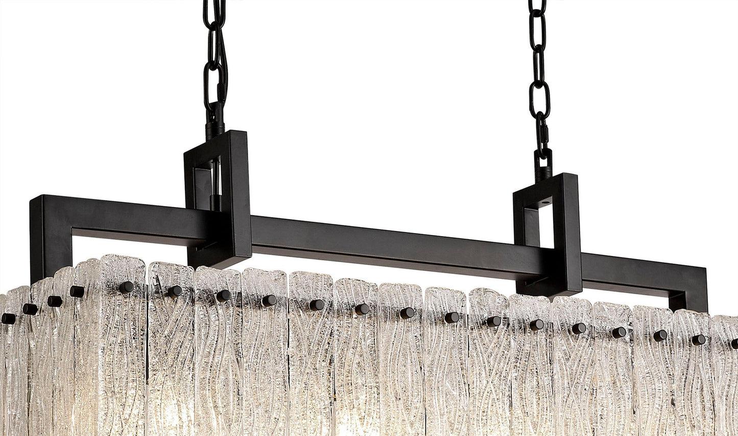 Mobberley Medium Linear Pendant, 8 Light E27, Matt Black and Crystal Sand Glass