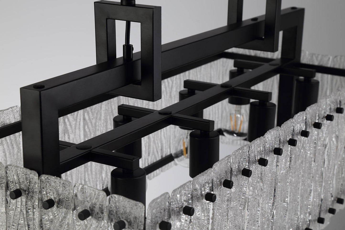 Mobberley Medium Linear Pendant, 8 Light E27, Matt Black and Crystal Sand Glass