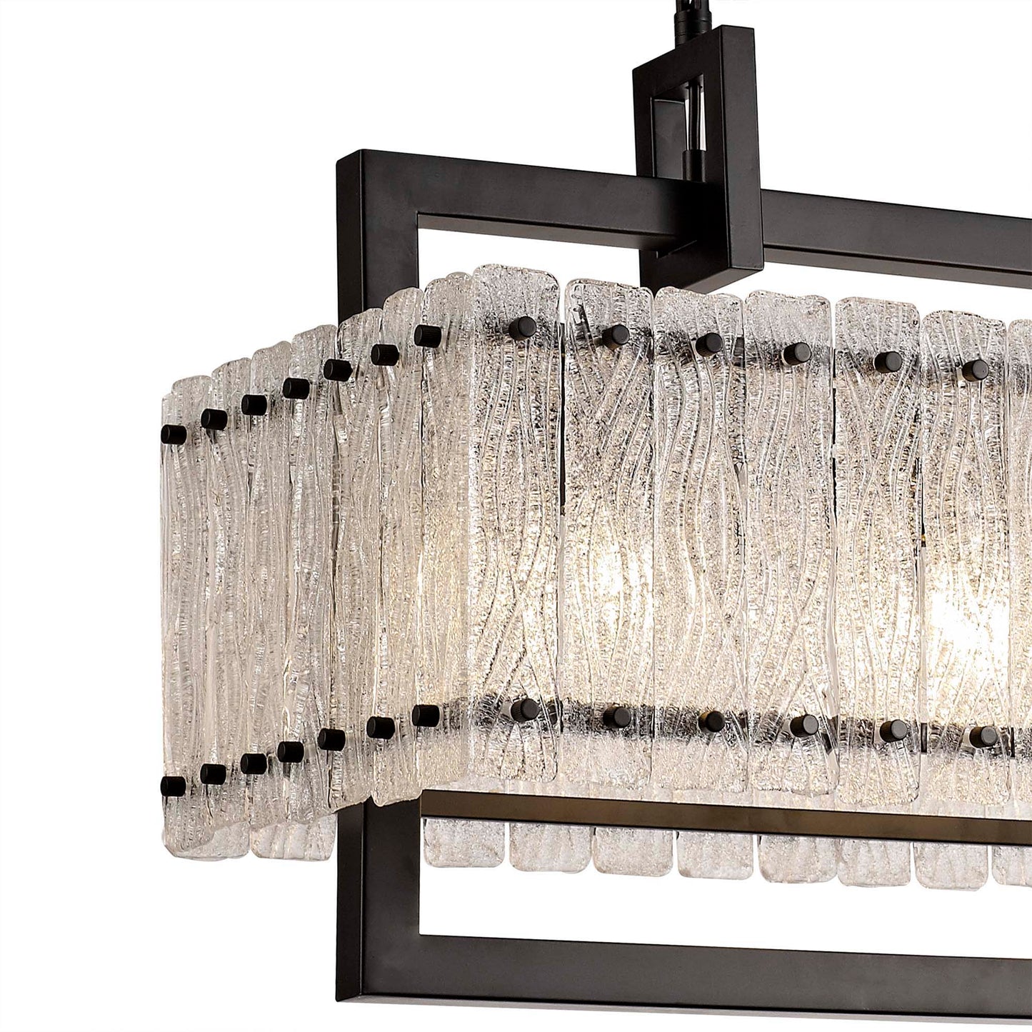 Mobberley Medium Linear Pendant, 8 Light E27, Matt Black and Crystal Sand Glass