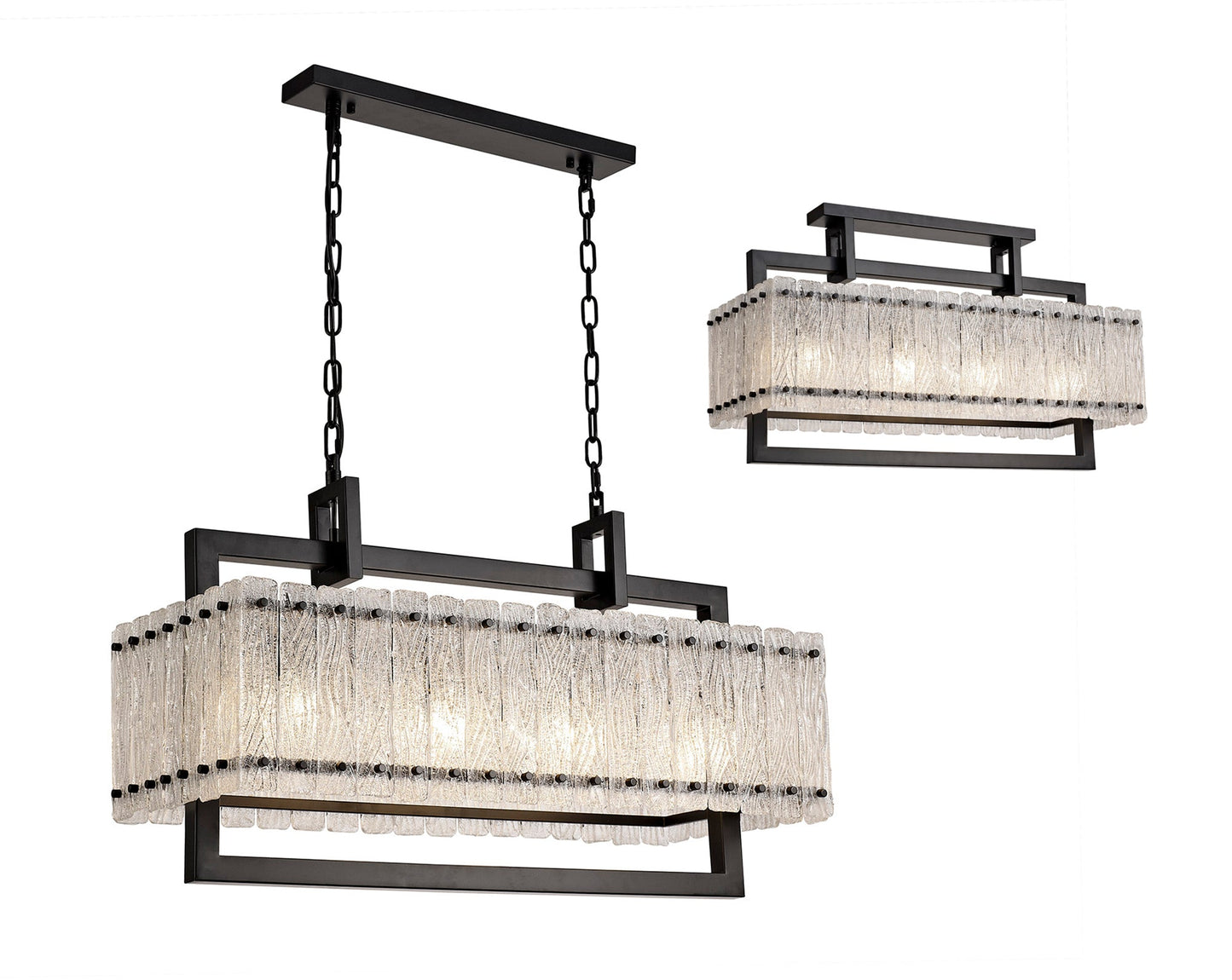 Mobberley Medium Linear Pendant, 8 Light E27, Matt Black and Crystal Sand Glass
