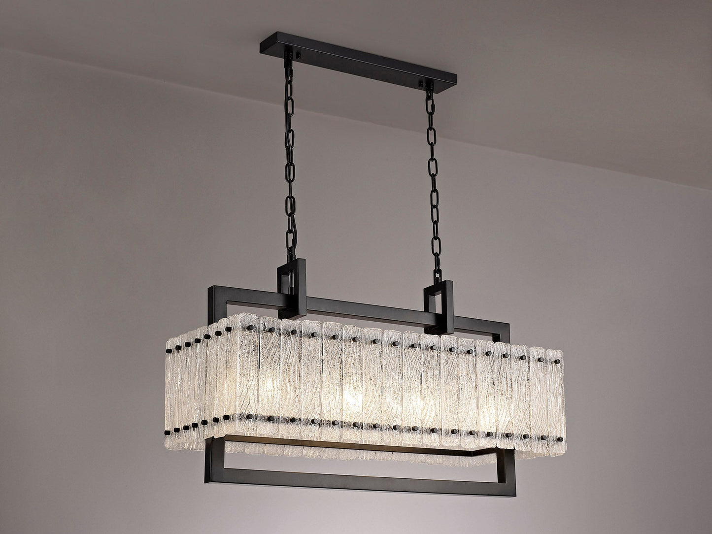 Mobberley Medium Linear Pendant, 8 Light E27, Matt Black and Crystal Sand Glass
