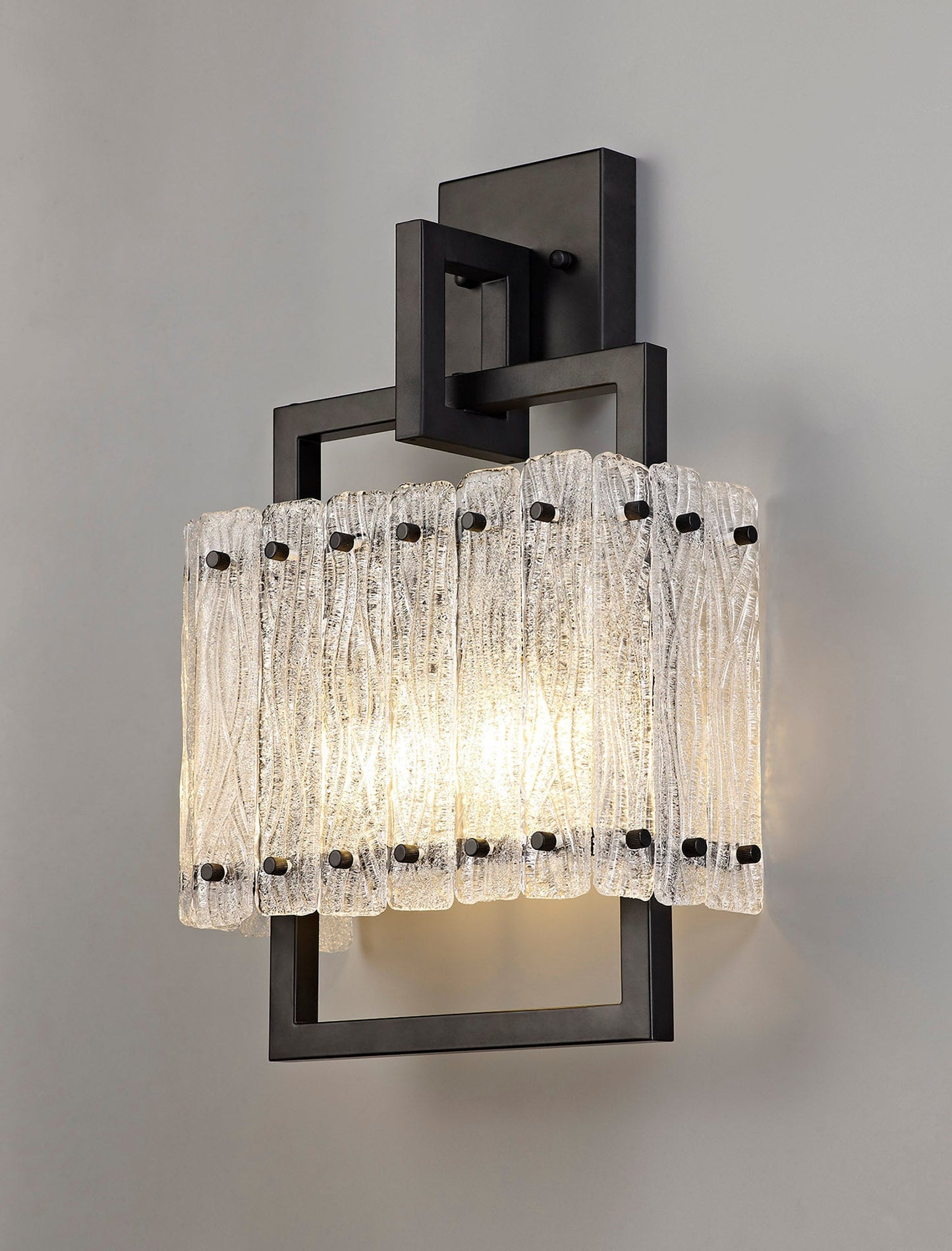 Mobberley Wall Lamp, 2 Light E27, Matt Black and Crystal Sand Glass