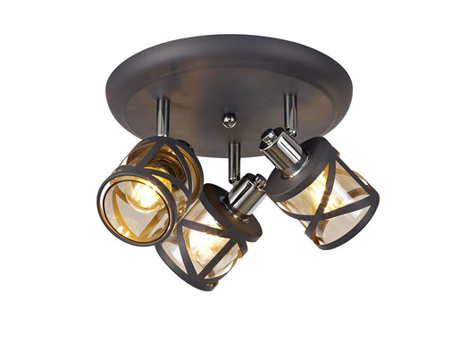 Mobbers 3 Light Round Spotlight E14, Matt Grey and Polished Chrome and Cognac