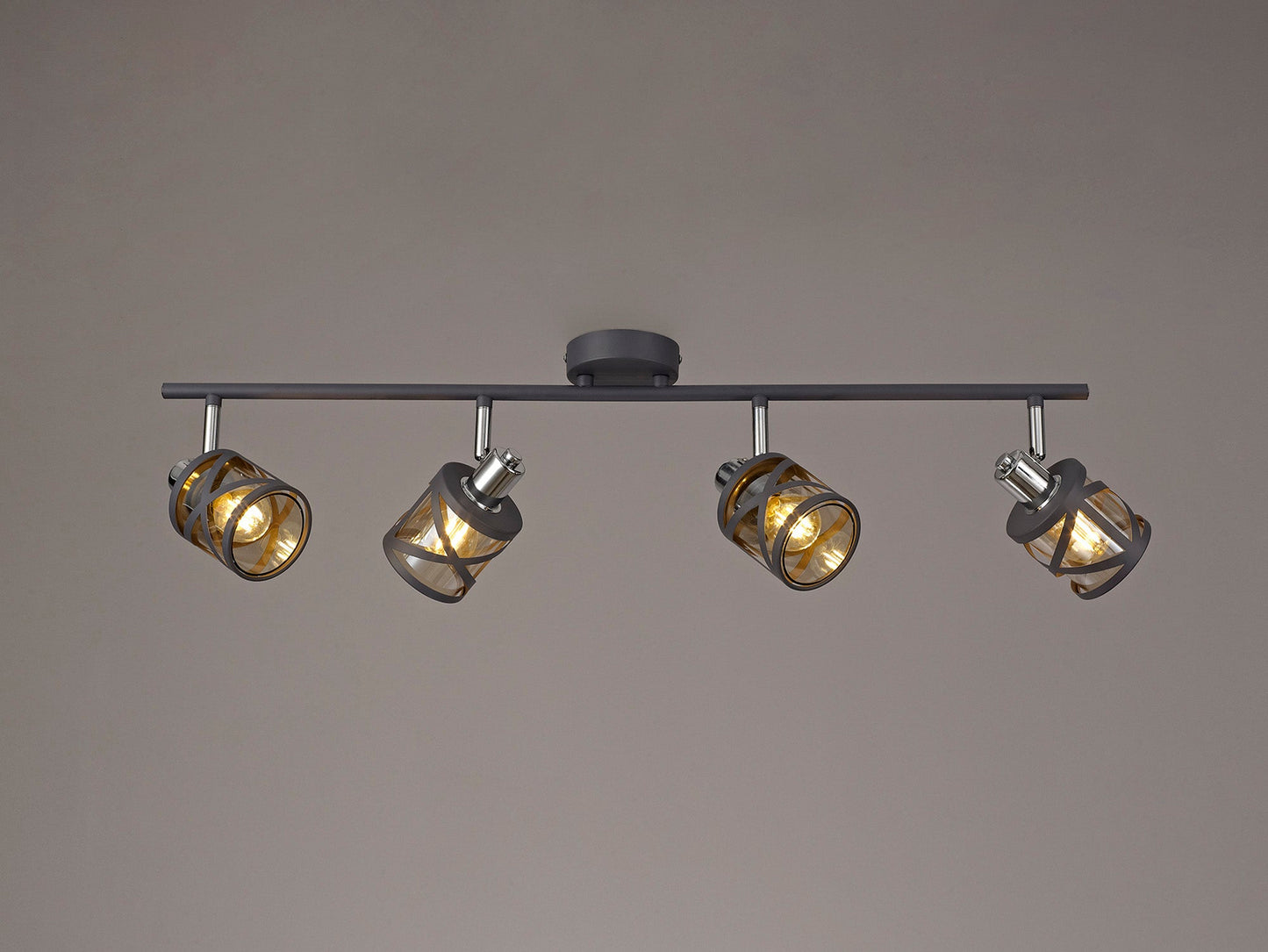 Mobbers 4 Linear Bar Light Spotlight E14, Matt Grey and Polished Chrome and Cognac