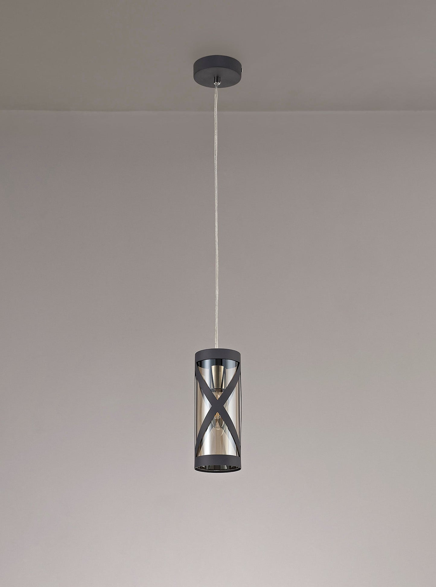 Mobbers 1 Light Pendant E14, Matt Grey and Polished Chrome and Cognac
