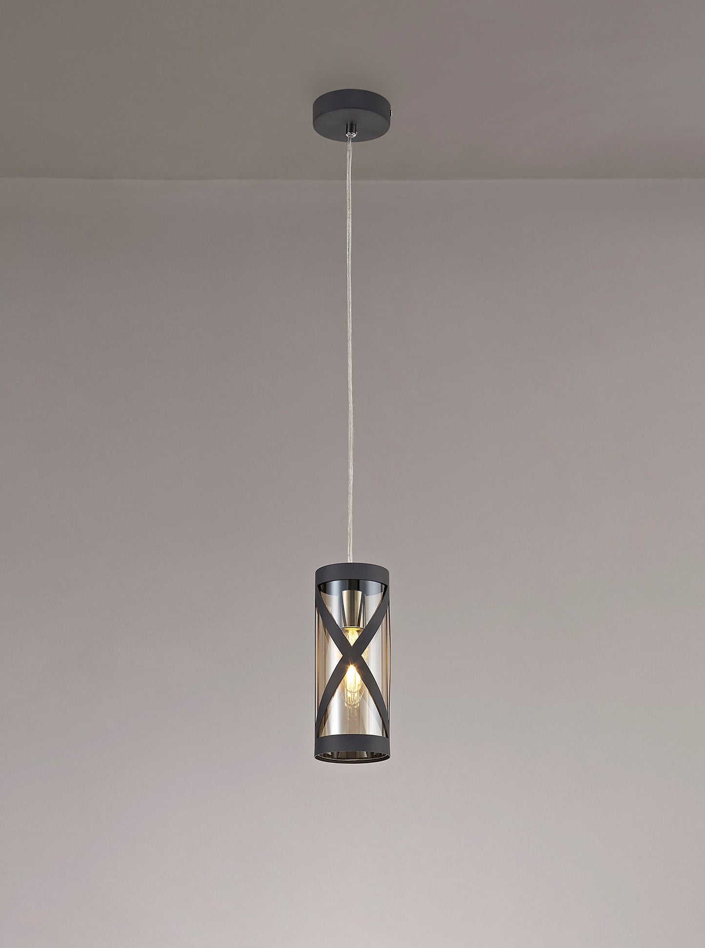 Mobbers 1 Light Pendant E14, Matt Grey and Polished Chrome and Cognac