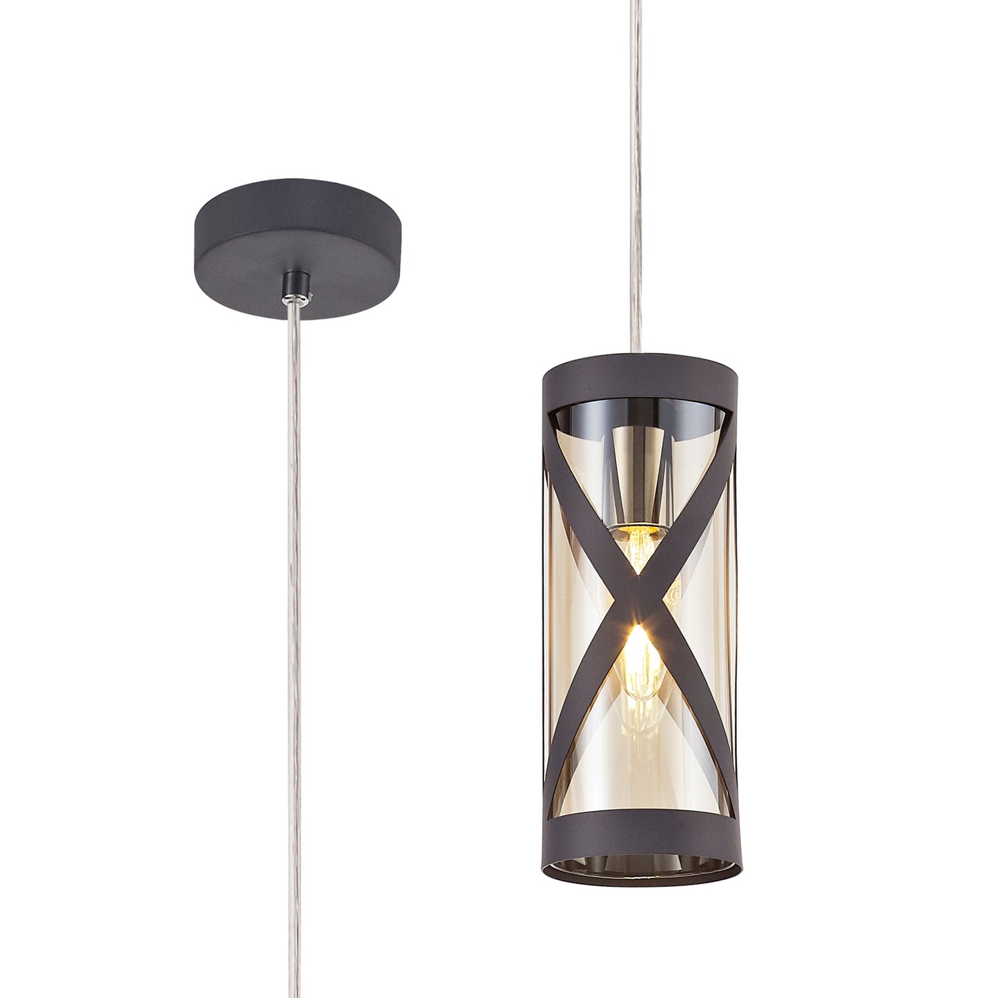 Mobbers 1 Light Pendant E14, Matt Grey and Polished Chrome and Cognac