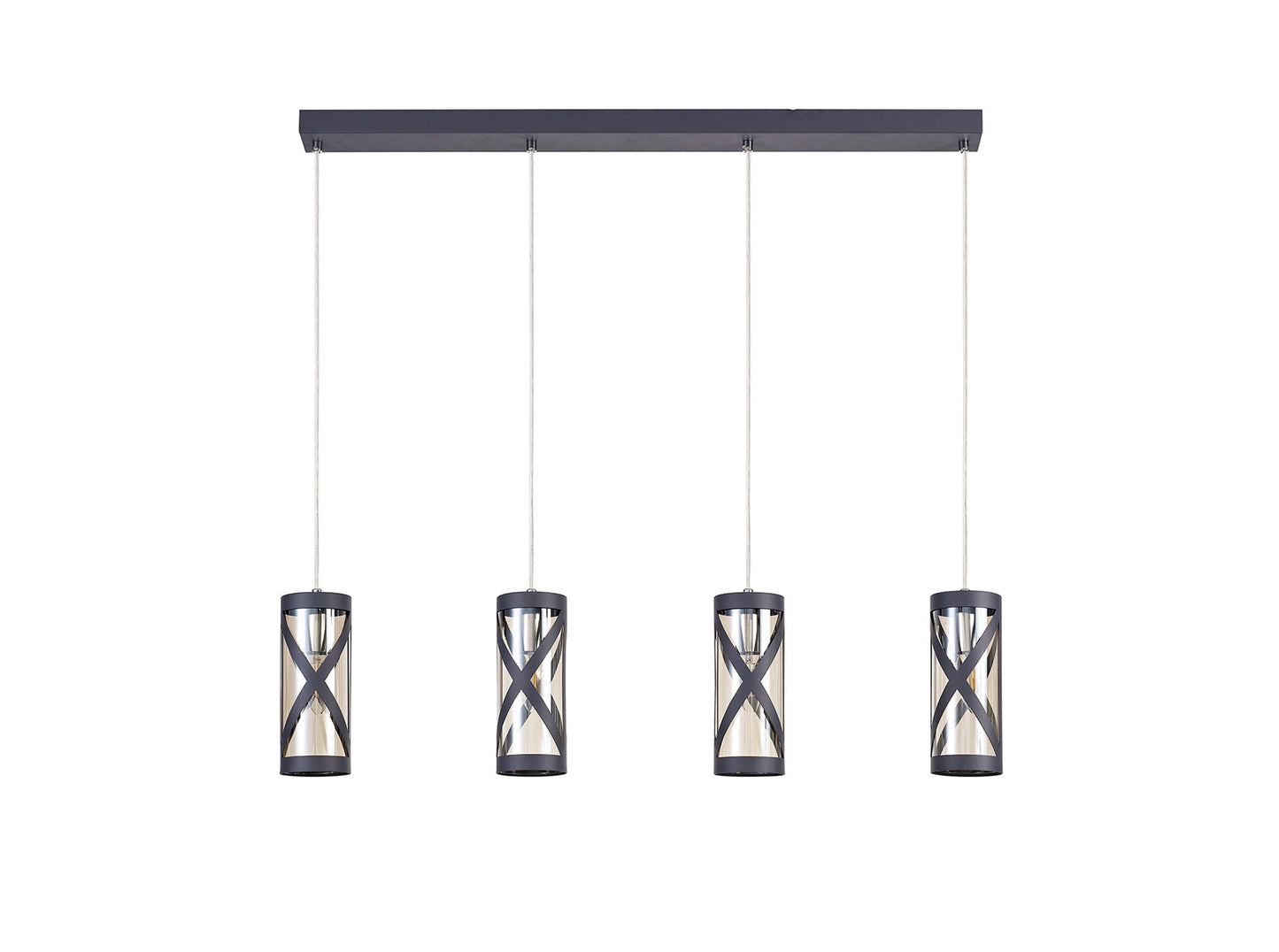 Mobbers 4 Light Bar Linear Pendant E14, Matt Grey and Polished Chrome and Cognac