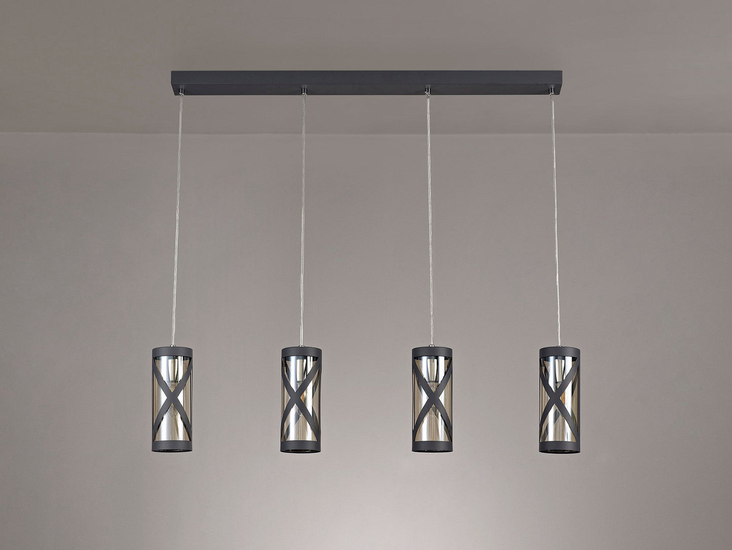 Mobbers 4 Light Bar Linear Pendant E14, Matt Grey and Polished Chrome and Cognac