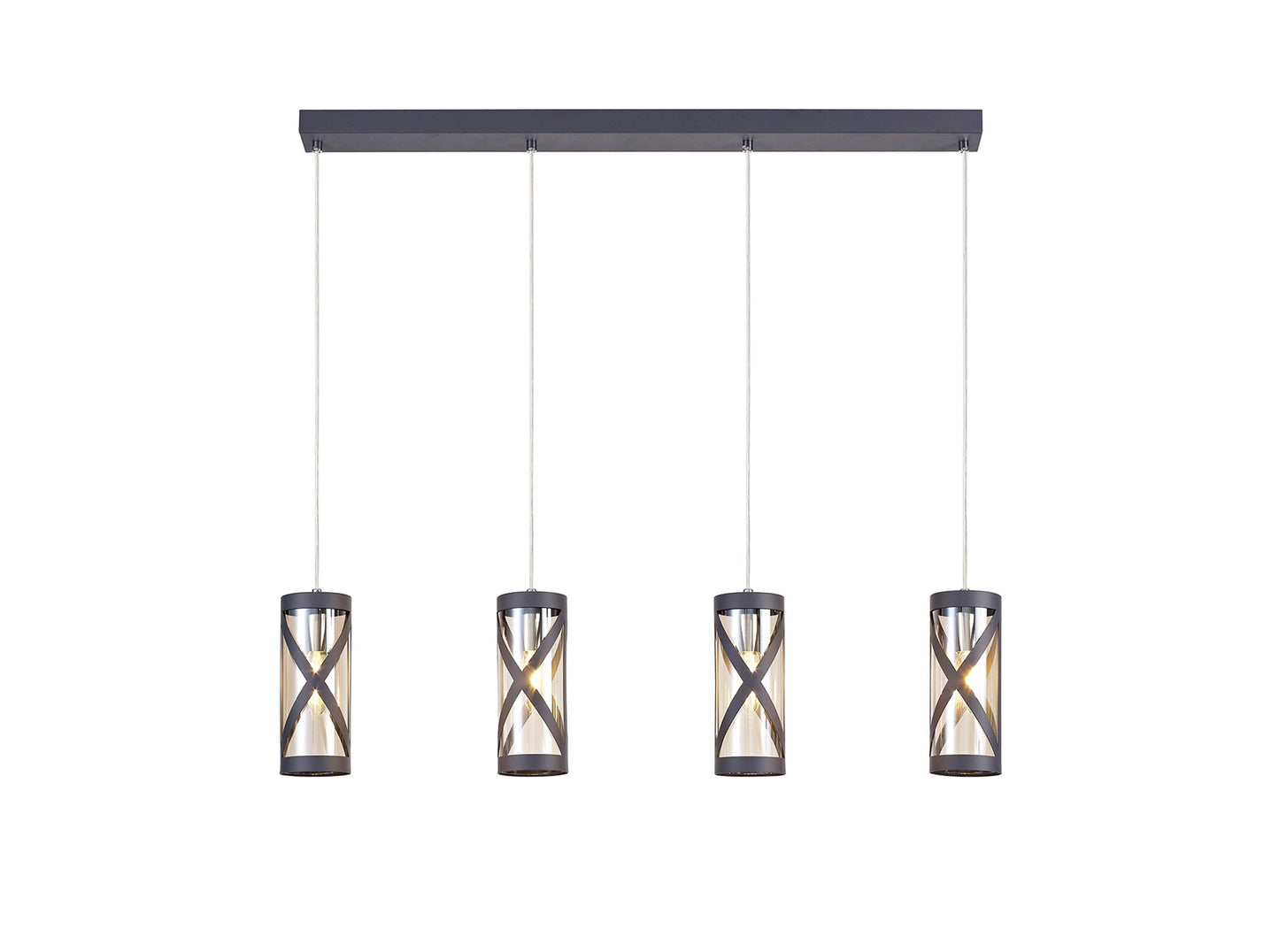 Mobbers 4 Light Bar Linear Pendant E14, Matt Grey and Polished Chrome and Cognac