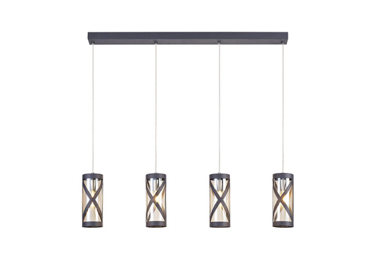 Mobbers 4 Light Bar Linear Pendant E14, Matt Grey and Polished Chrome and Cognac