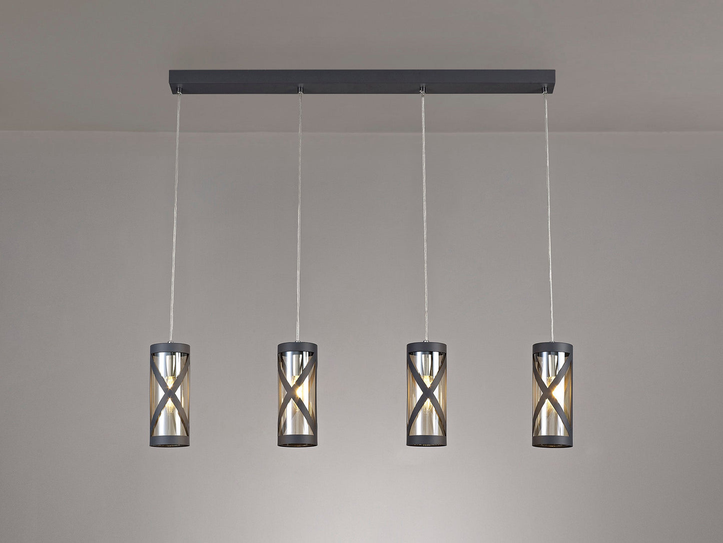Mobbers 4 Light Bar Linear Pendant E14, Matt Grey and Polished Chrome and Cognac