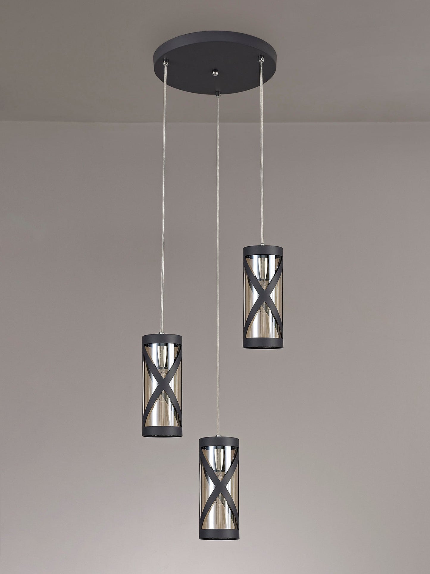 Mobbers 3 Light Round Pendant E14, Matt Grey and Polished Chrome and Cognac