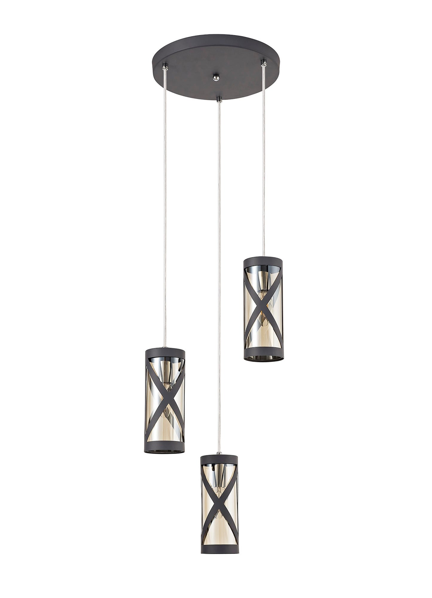 Mobbers 3 Light Round Pendant E14, Matt Grey and Polished Chrome and Cognac
