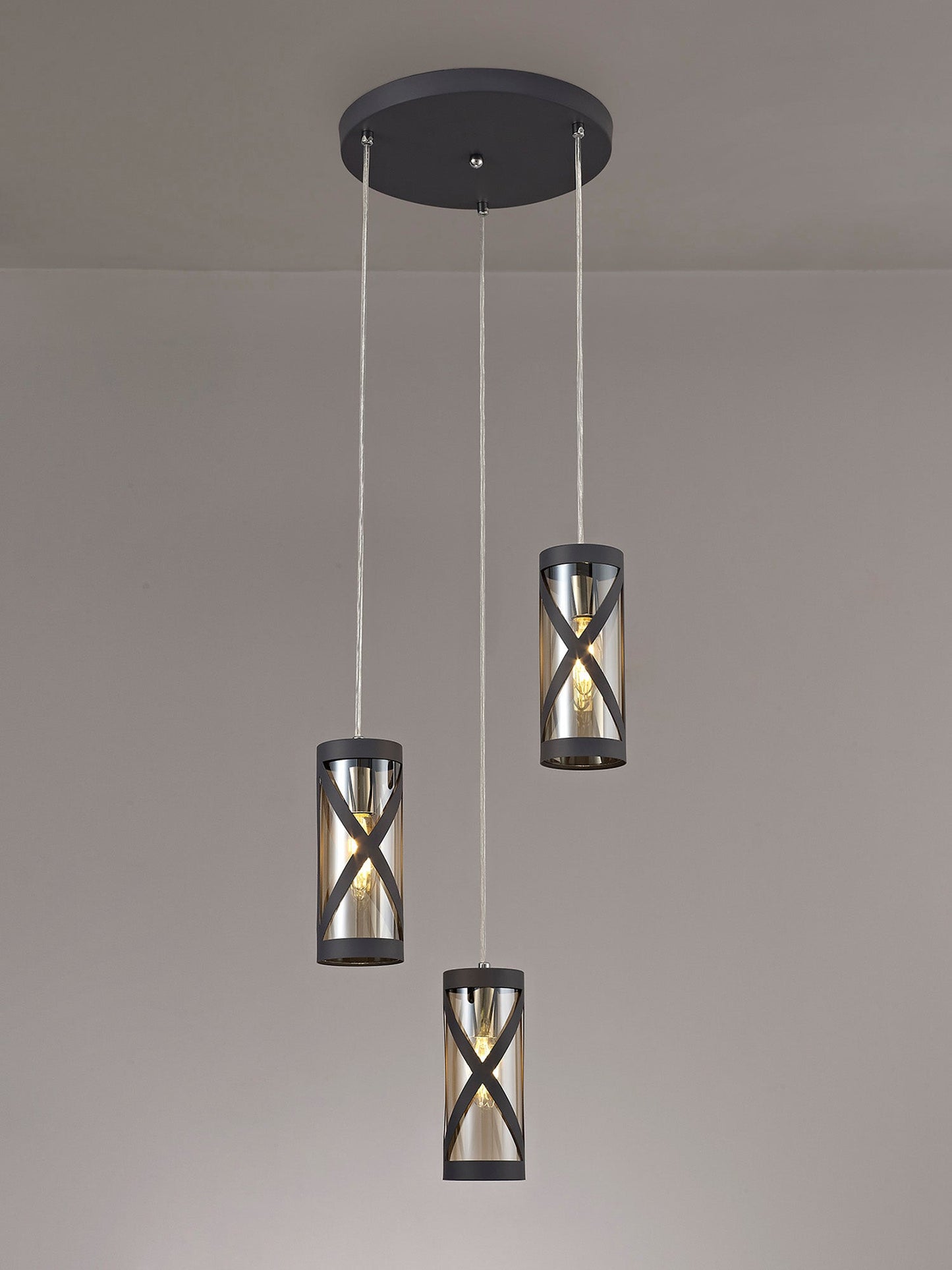 Mobbers 3 Light Round Pendant E14, Matt Grey and Polished Chrome and Cognac