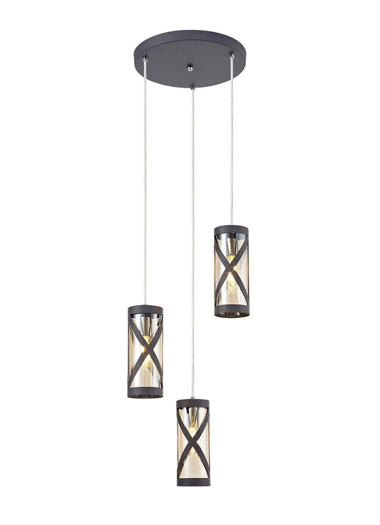 Mobbers 3 Light Round Pendant E14, Matt Grey and Polished Chrome and Cognac