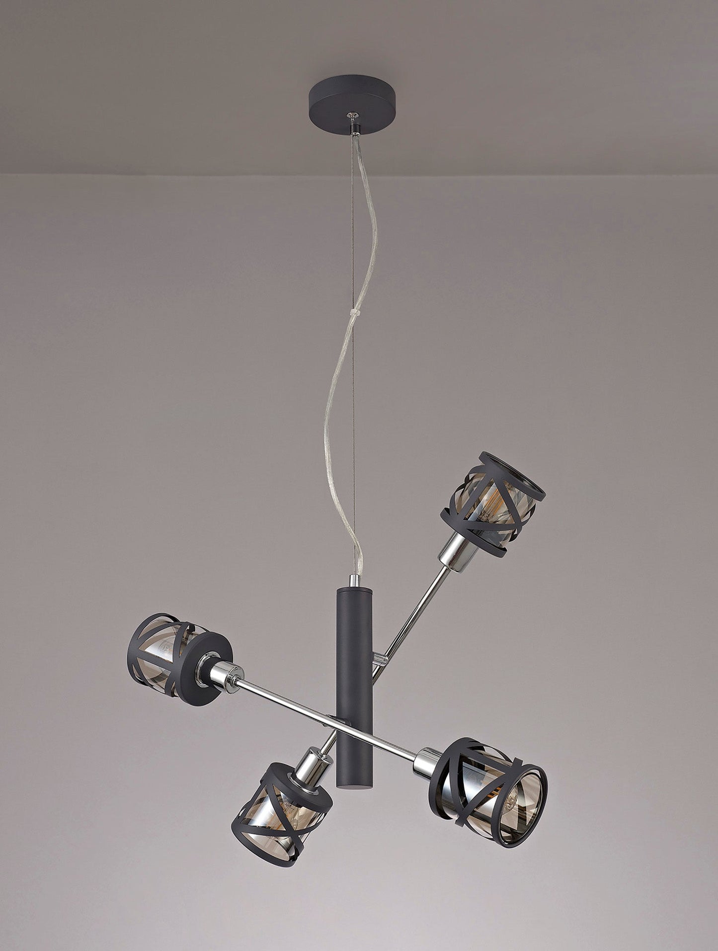 Mobbers 4 Light  Adjustable Pendant E14, Matt Grey and Polished Chrome and Cognac
