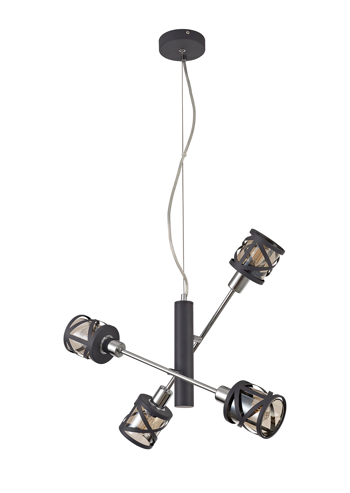 Mobbers 4 Light  Adjustable Pendant E14, Matt Grey and Polished Chrome and Cognac