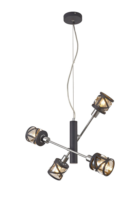 Mobbers 4 Light  Adjustable Pendant E14, Matt Grey and Polished Chrome and Cognac