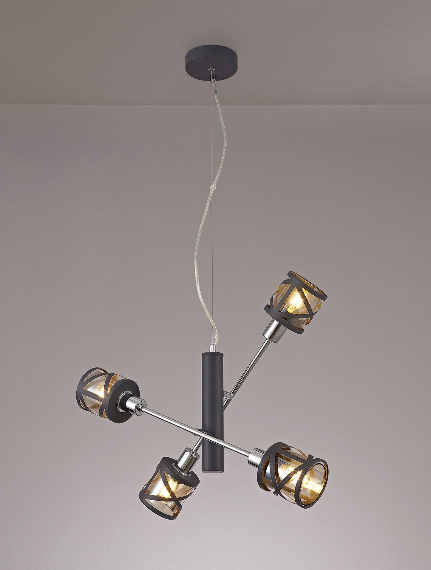Mobbers 4 Light  Adjustable Pendant E14, Matt Grey and Polished Chrome and Cognac