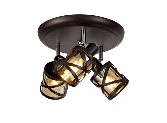 Mobbers 3 Light Round Spotlight E14, Oiled Bronze and Polished Chrome and Amber