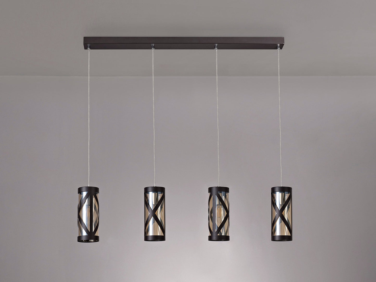 Mobbers 4 Light Bar Linear Pendant E14, Oiled Bronze and Polished Chrome and Amber