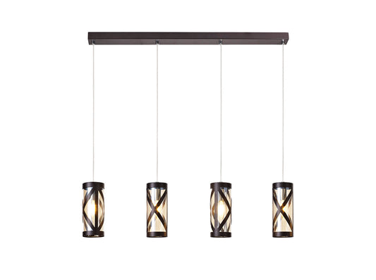 Mobbers 4 Light Bar Linear Pendant E14, Oiled Bronze and Polished Chrome and Amber