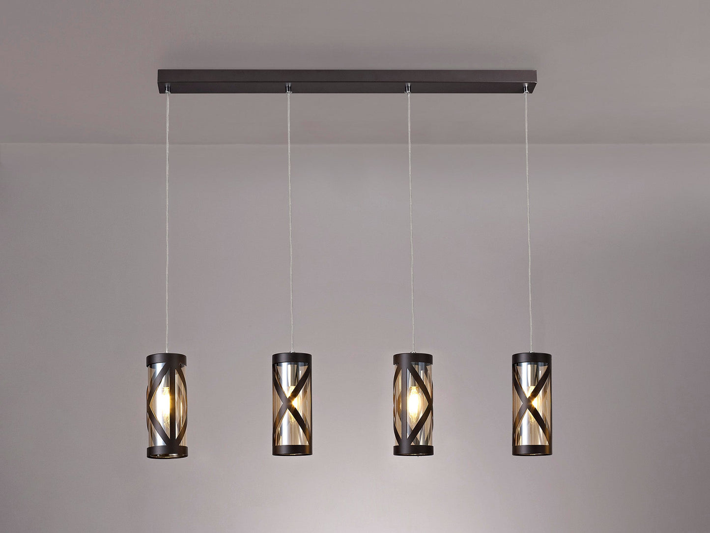 Mobbers 4 Light Bar Linear Pendant E14, Oiled Bronze and Polished Chrome and Amber