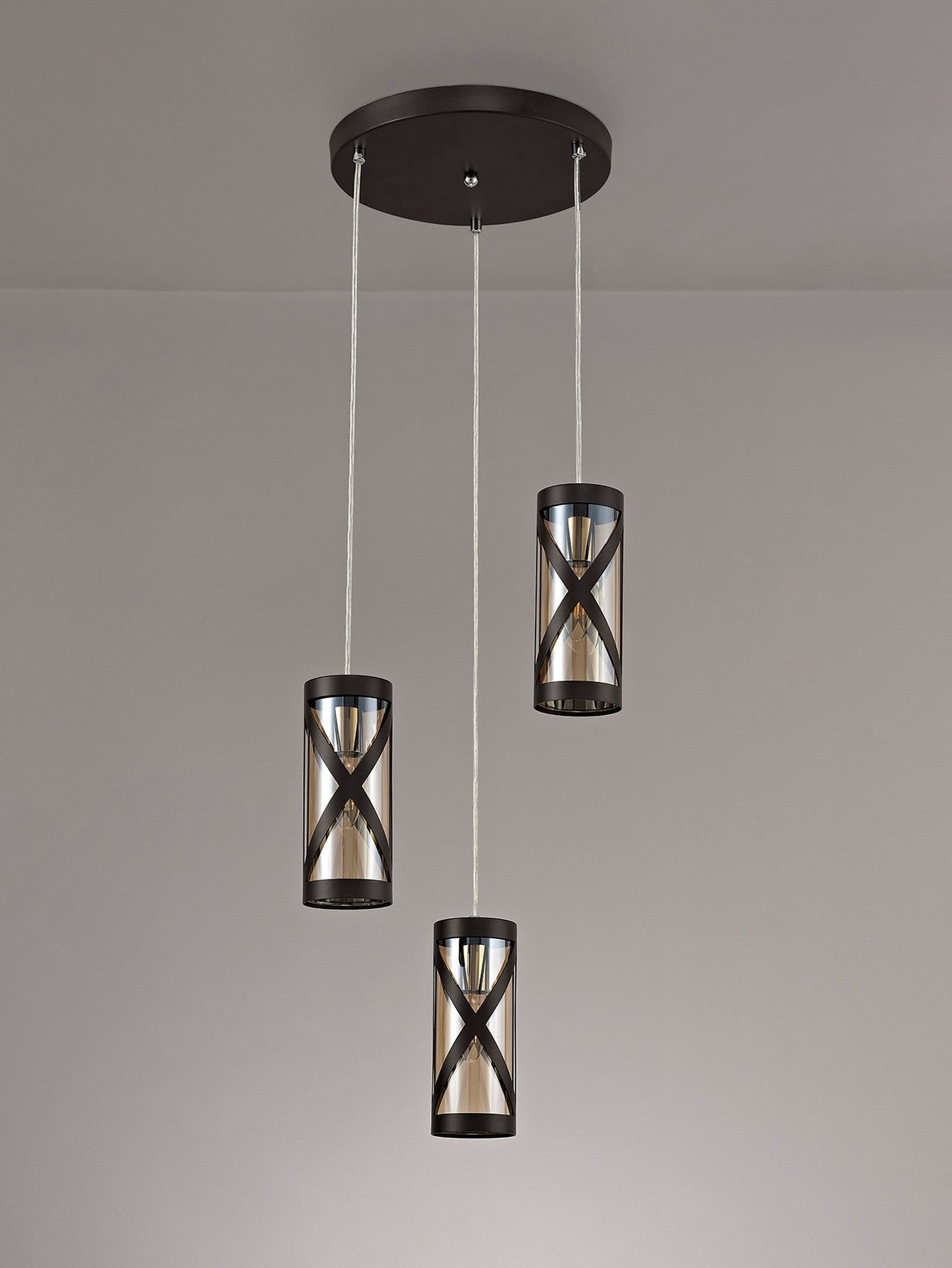 Mobbers 3 Light Round Pendant E14, Oiled Bronze and Polished Chrome and Amber