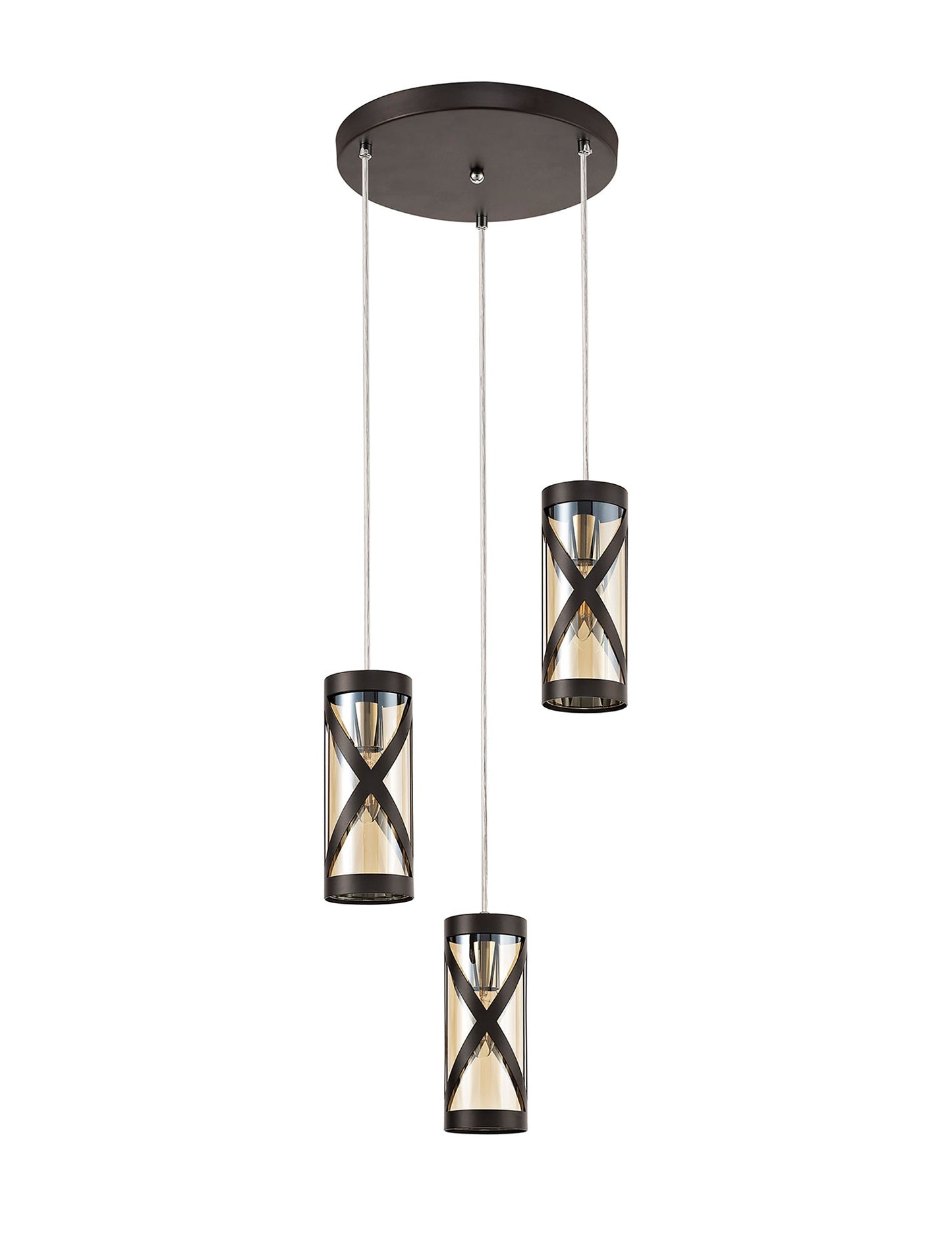 Mobbers 3 Light Round Pendant E14, Oiled Bronze and Polished Chrome and Amber