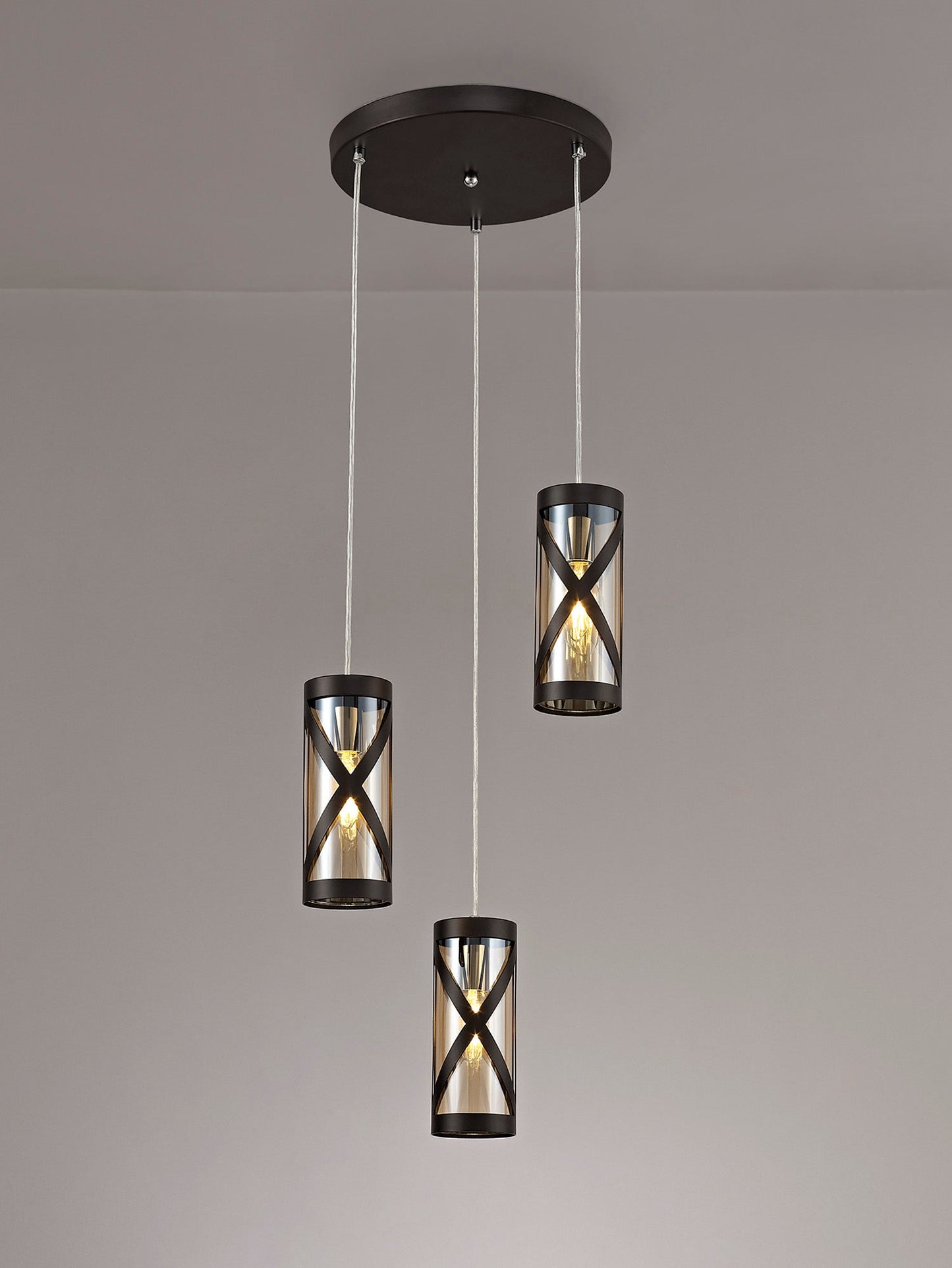Mobbers 3 Light Round Pendant E14, Oiled Bronze and Polished Chrome and Amber