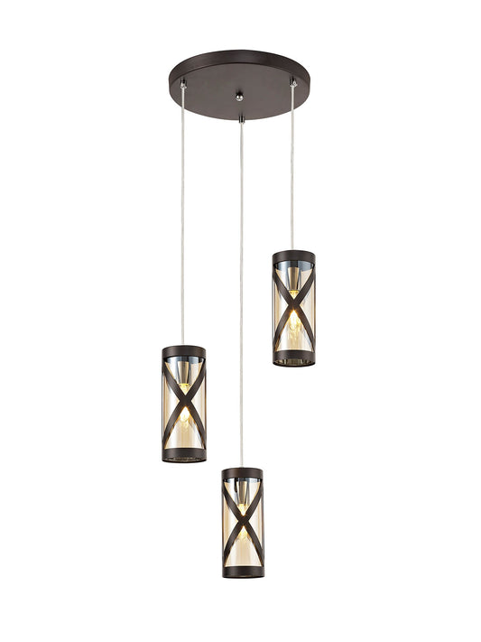 Mobbers 3 Light Round Pendant E14, Oiled Bronze and Polished Chrome and Amber