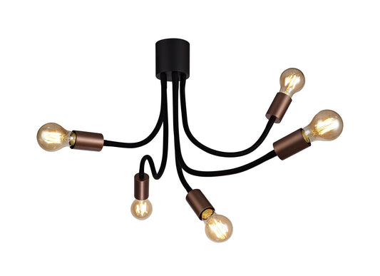 Moss Flexible Ceiling 5 Light E27, Satin Black and Brushed Copper