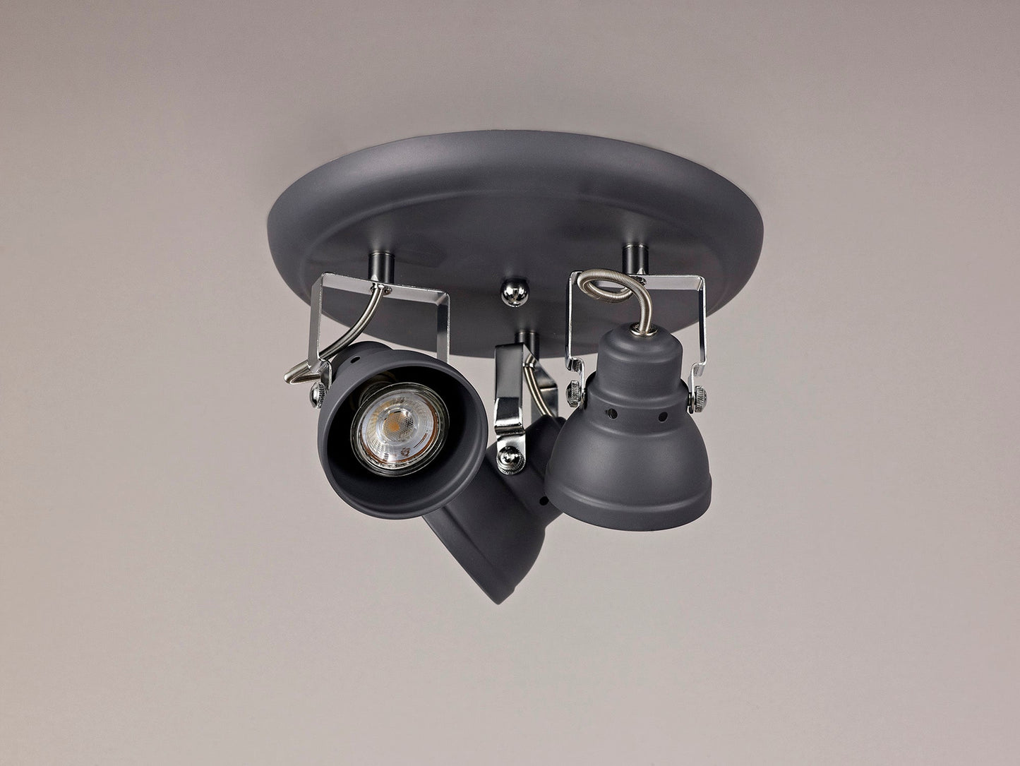 Mossrose Adjustable Round Spotlight, 3 x GU10 Max 10W LED, Matt Grey and Polished Chrome