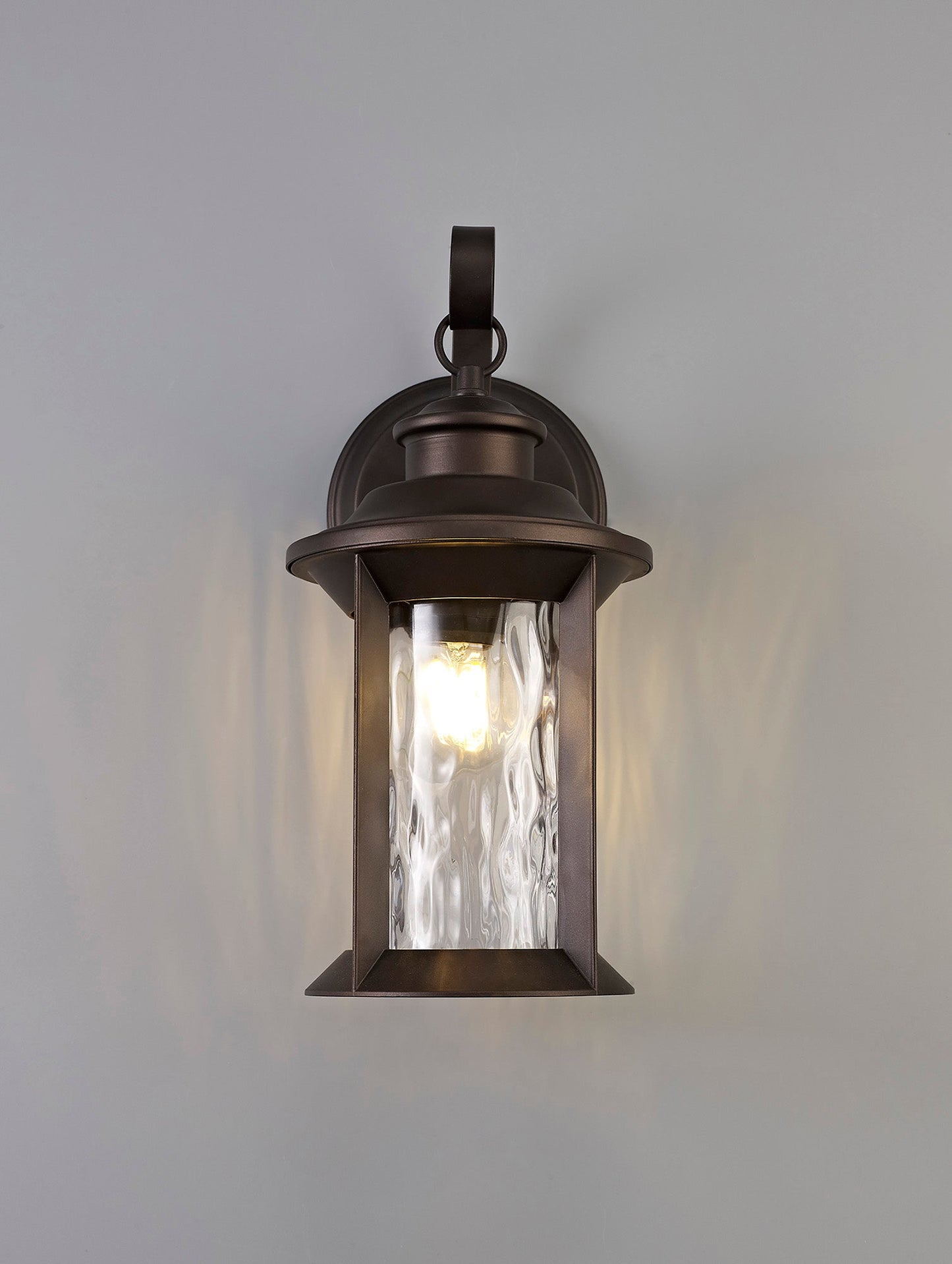 Nantwich Small Wall Lamp, 1 x E27, Antique Bronze and Clear Ripple Glass, IP54, 2yrs Warranty