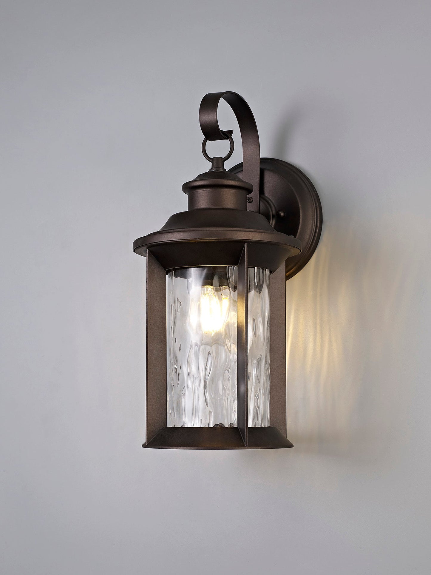 Nantwich Small Wall Lamp, 1 x E27, Antique Bronze and Clear Ripple Glass, IP54, 2yrs Warranty