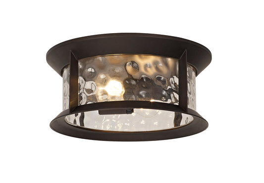 Nantwich Flush Ceiling Lamp, 2 xE27, Antique Bronze and Clear Ripple Glass, IP54, 2yrs Warranty
