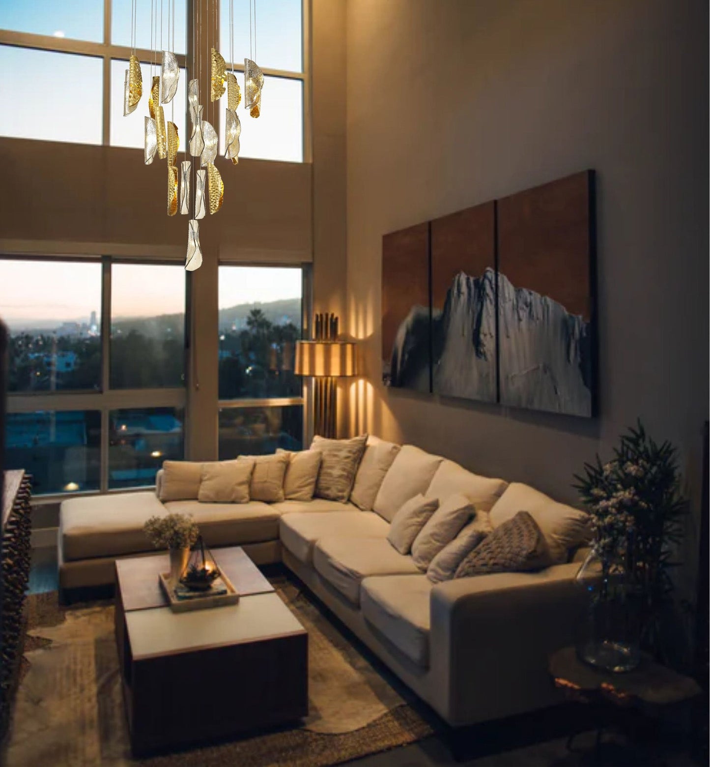 Ollerton Pendant 5m 21 x G9, Brass Metal Shade & Cognac Glass Item Weight: 24.9kg