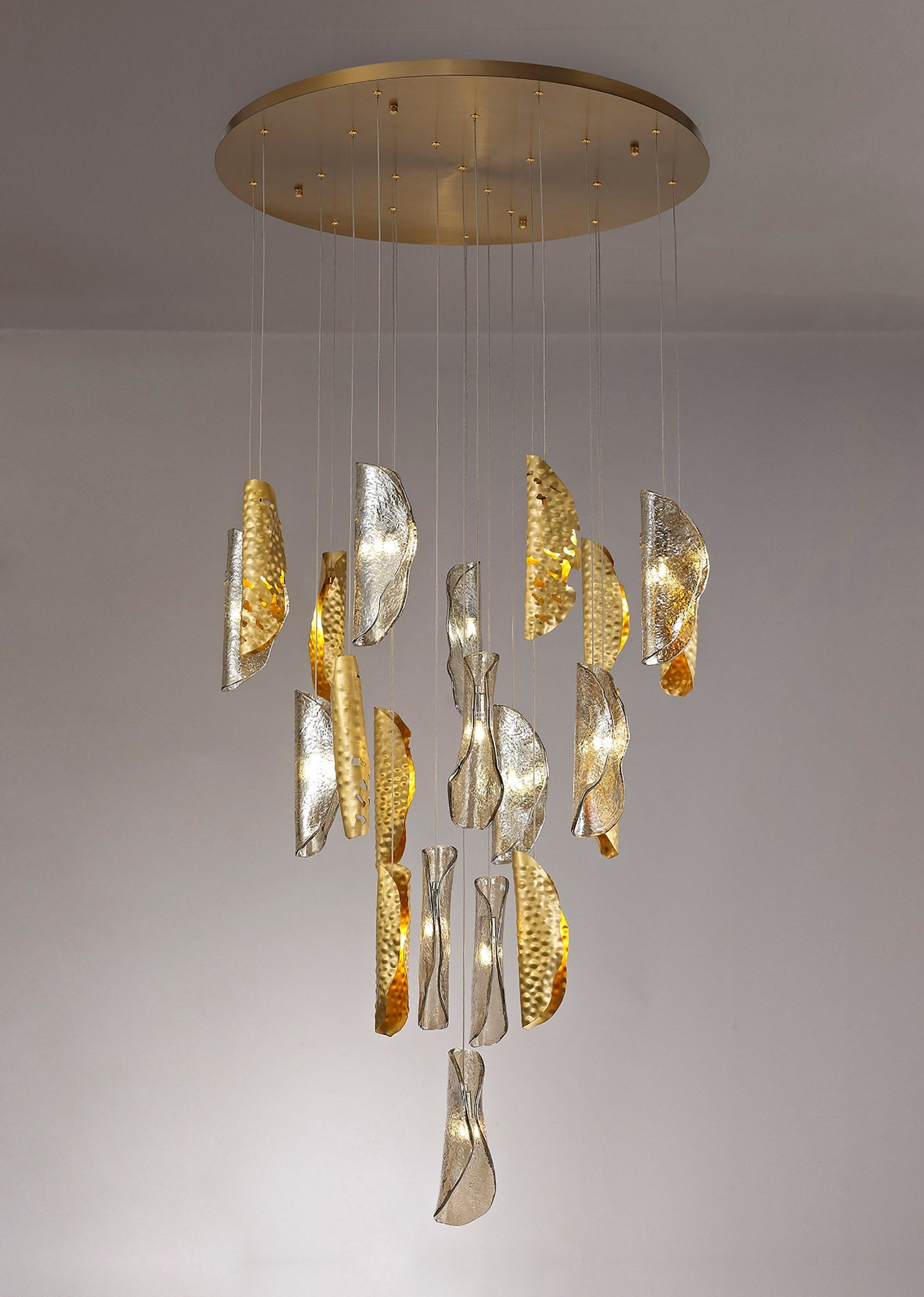 Ollerton Pendant 5m 21 x G9, Brass Metal Shade & Cognac Glass Item Weight: 24.9kg