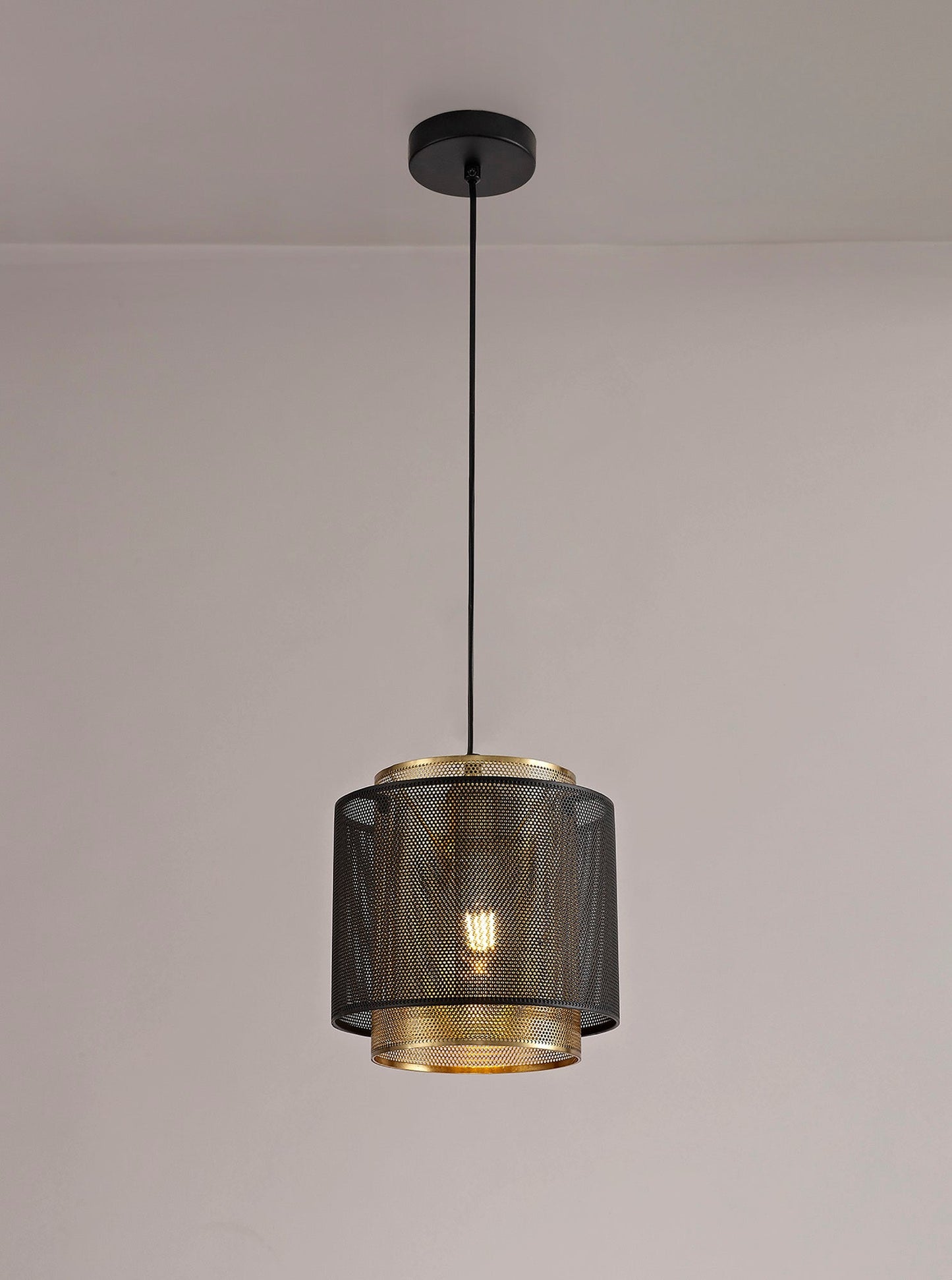 Pickmere Single Small Pendant, 1 Light Adjustable E27, Matt Black and Satin Gold