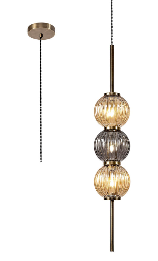 Quarry Pendant, 3 x G9, Antique Brass and Smoked & Amber Glass