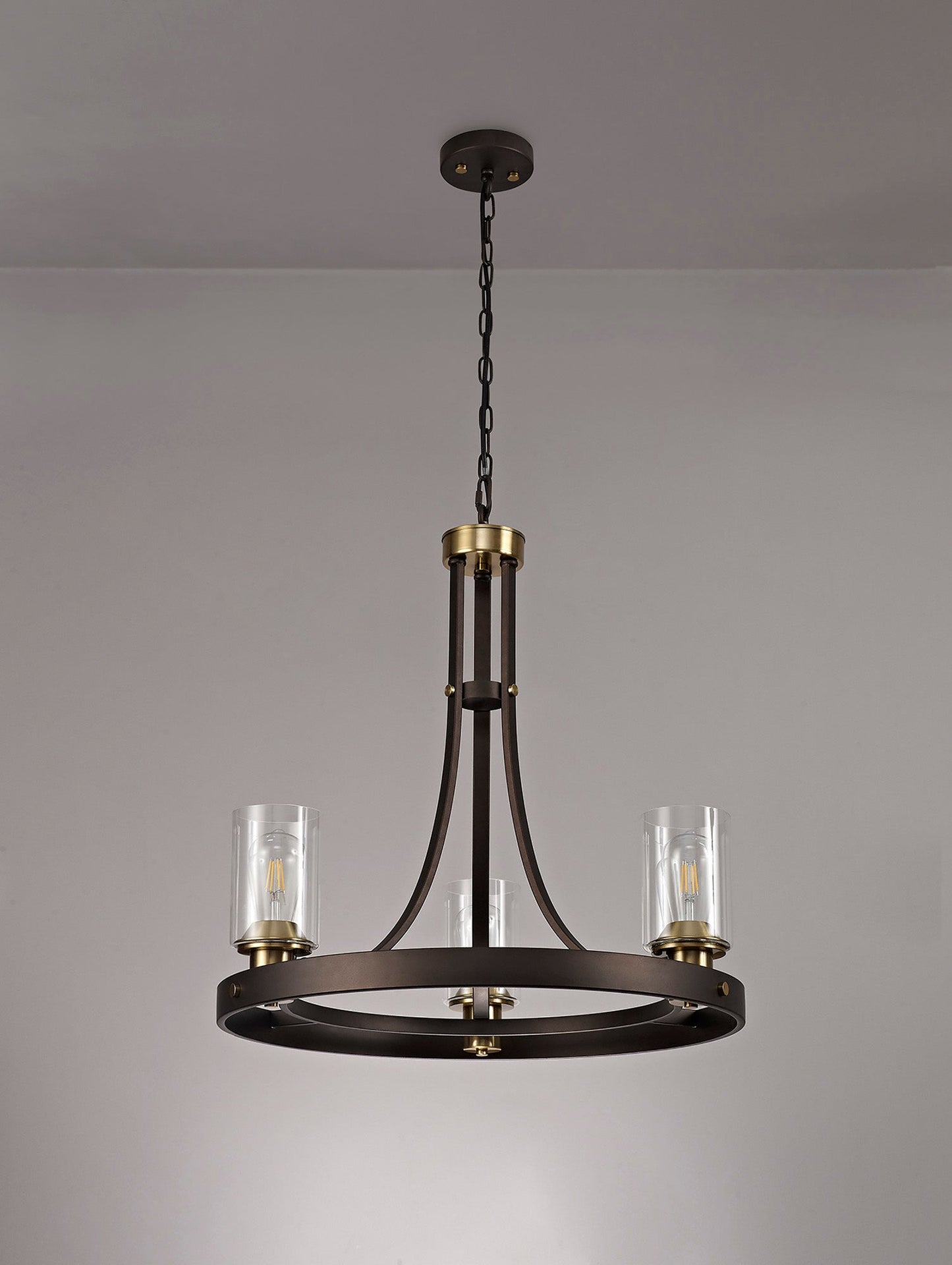 Roebuck Pendant 3 Light E27, Brown Oxide and Bronze With Clear Glass Shades