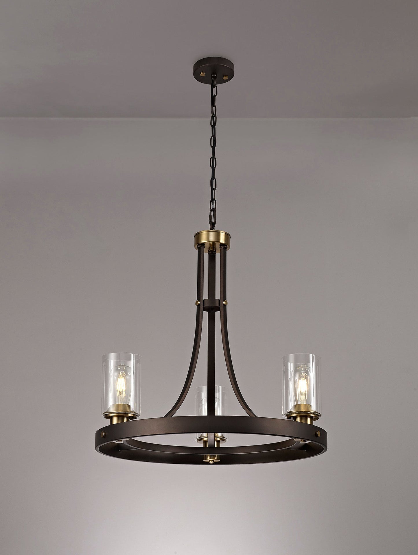 Roebuck Pendant 3 Light E27, Brown Oxide and Bronze With Clear Glass Shades