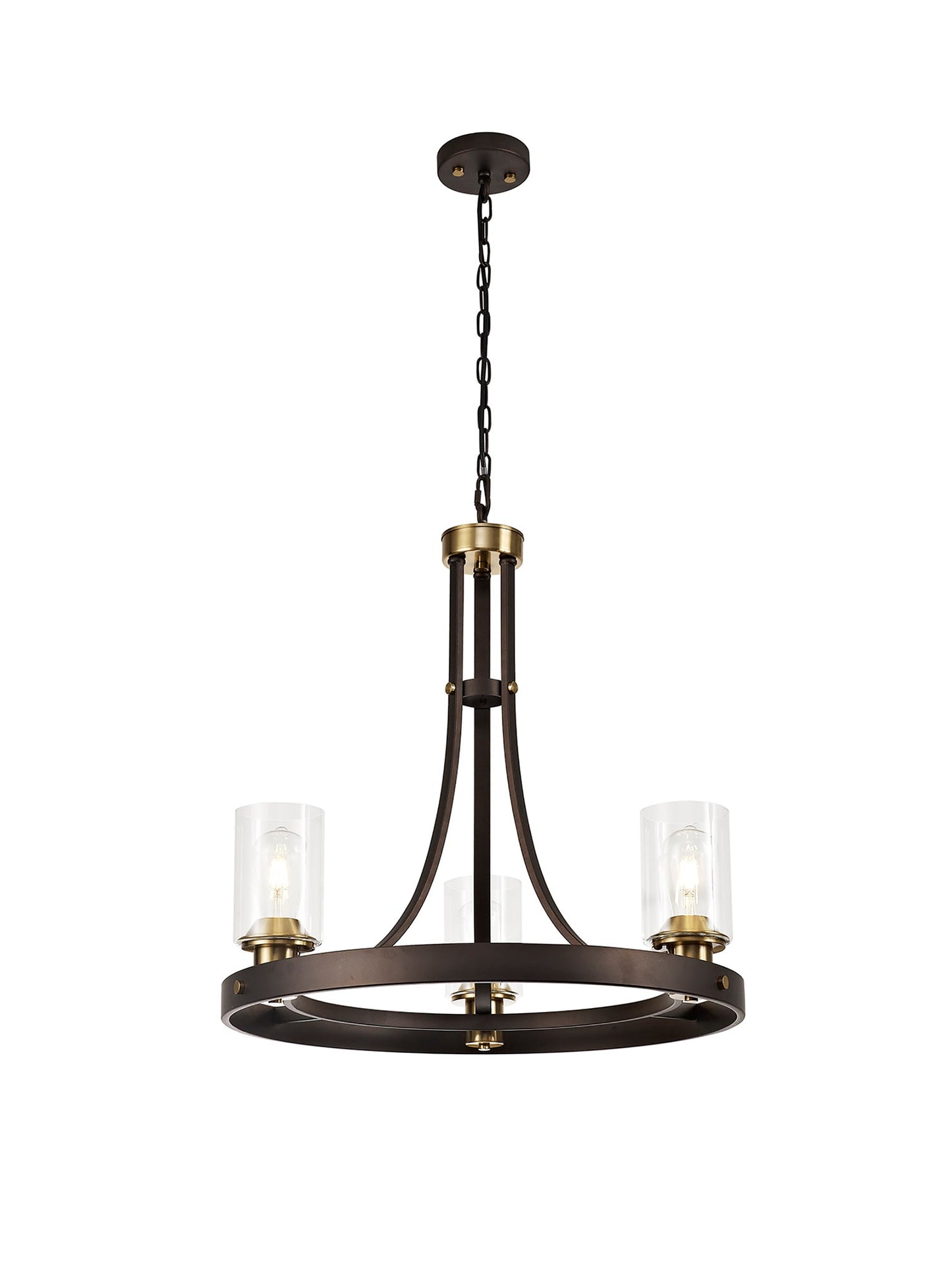 Roebuck Pendant 3 Light E27, Brown Oxide and Bronze With Clear Glass Shades