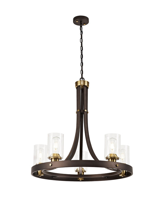 Roebuck Pendant 5 Light E27, Brown Oxide and Bronze With Clear Glass Shades