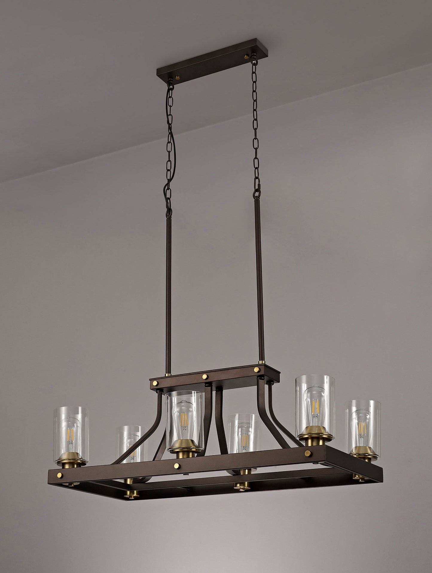 Roebuck Linear Pendant 6 Light E27, Brown Oxide and Bronze With Clear Glass Shades