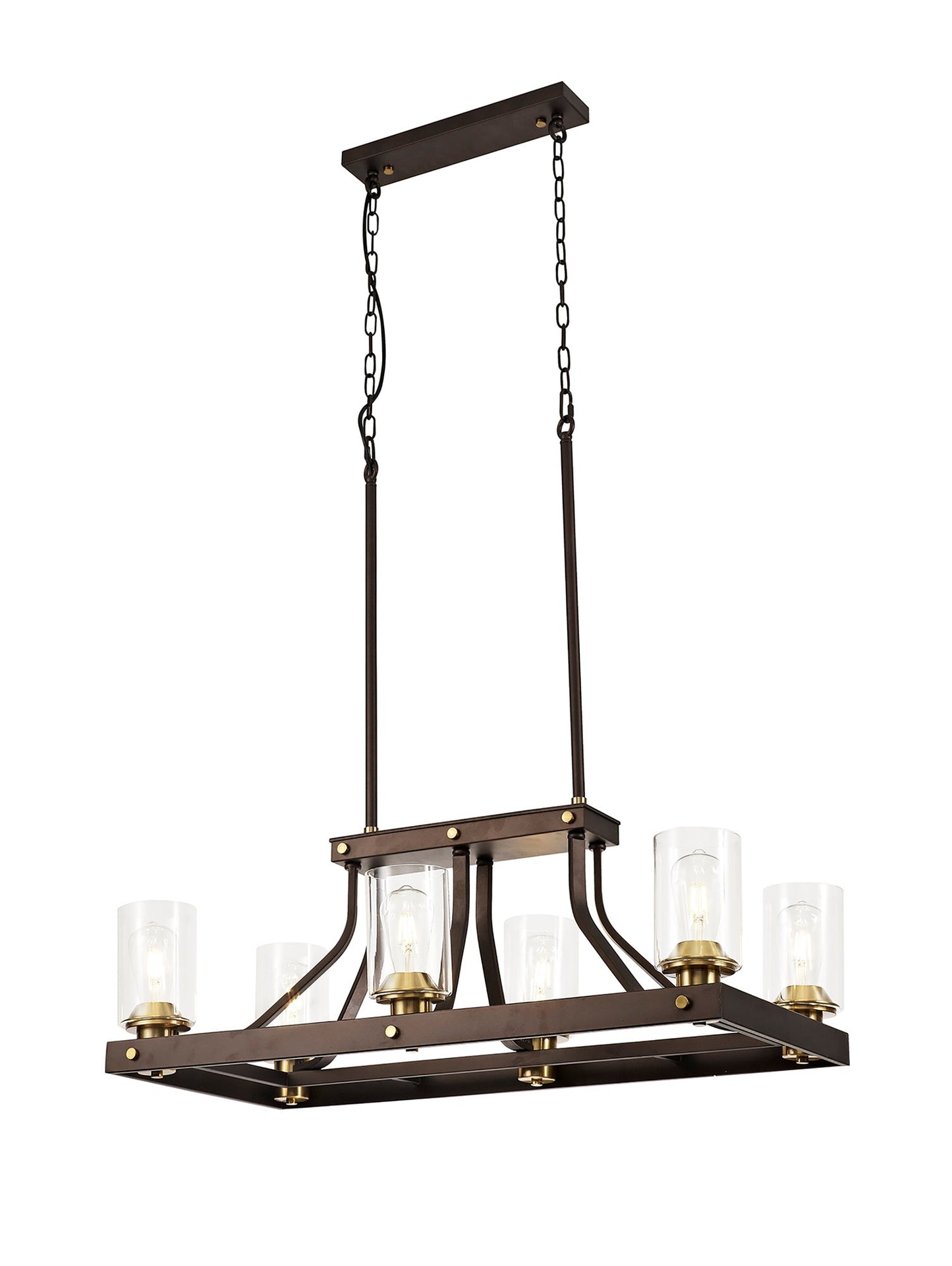 Roebuck Linear Pendant 6 Light E27, Brown Oxide and Bronze With Clear Glass Shades